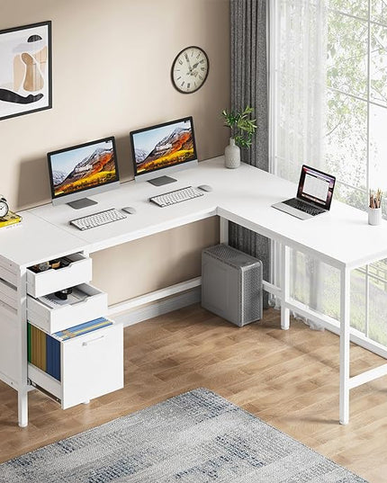 Tribesigns L Shaped Desk with File Drawer Cabinet, 59 Inch Corner Desk L Shaped Computer Desk with Drawers, PC Table Writing Desk for Home Office, White - LeafyLoom