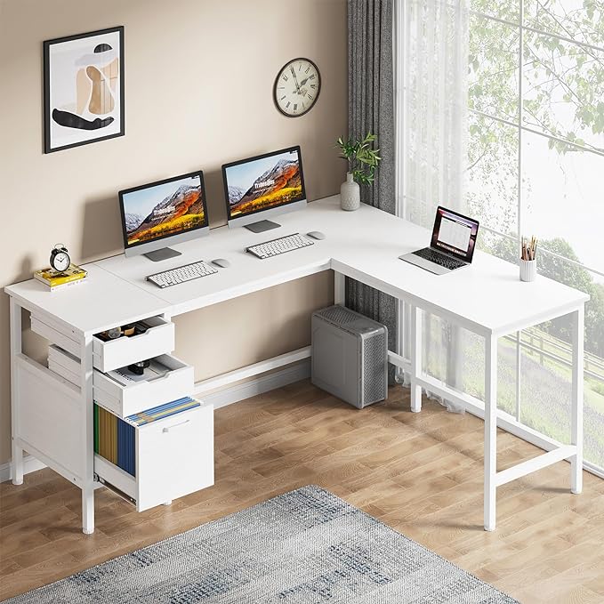 Tribesigns L Shaped Desk with File Drawer Cabinet, 59 Inch Corner Desk L Shaped Computer Desk with Drawers, PC Table Writing Desk for Home Office, White - LeafyLoom