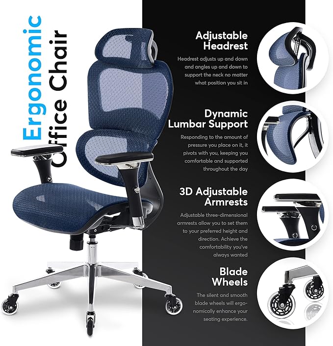 Oline ErgoPro Ergonomic Office Chair - Rolling Desk Chair with 4D Adjustable Armrest, 3D Lumbar Support and Blade Wheels - Mesh Computer Chair, Gaming Chairs, Executive Swivel Chair (Navy Blue) - LeafyLoom
