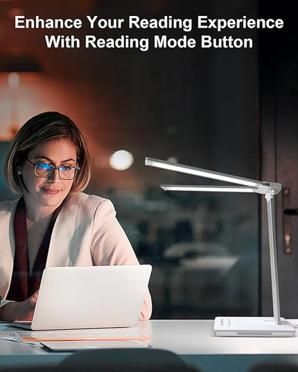 Desk Lamp Dimmable Table Lamp Foldable Reading Lamp Double Swing Arm Desk Light with USB Charging Port,5 Light Modes, Touch Control, Auto-Off Timer, Eye-Caring Led Desk Lamp (Silver) - LeafyLoom