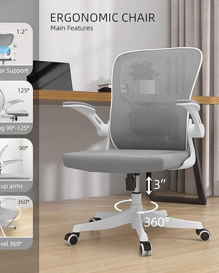 Office Chair - Ergonomic Office Chair with Lumbar Support & Flip Up Arms Home Office Desk Chairs Rockable Swivel High Back Computer Chair White Frame Grey Mesh Study Chair - LeafyLoom