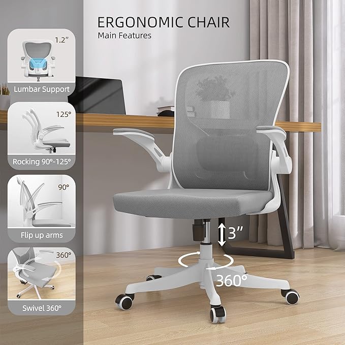 Office Chair - Ergonomic Office Chair with Lumbar Support & Flip Up Arms Home Office Desk Chairs Rockable Swivel High Back Computer Chair White Frame Grey Mesh Study Chair - LeafyLoom