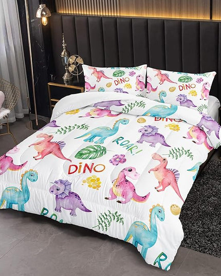 Cartoon Dinosaur Comforter Set Twin 3Pc Kawaii Dinosaur Bedding Set All Season with Tree, Leaf Decoration includes 1 Comforter, 2 Pillowcases for Kids Girls Teens - LeafyLoom