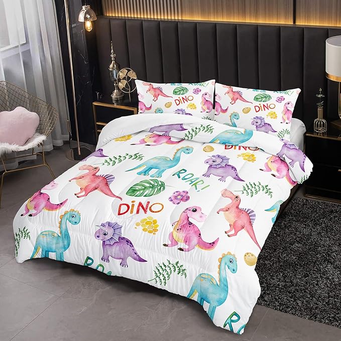 Cartoon Dinosaur Comforter Set Twin 3Pc Kawaii Dinosaur Bedding Set All Season with Tree, Leaf Decoration includes 1 Comforter, 2 Pillowcases for Kids Girls Teens - LeafyLoom