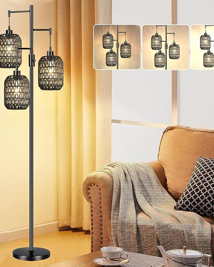 Floor Lamp for Living Room,Bedroom,Boho Rattan Floor Lights,Dimmable Industrial Black Farmhouse Tree 3 Standing Lamp Wicker Rustic Tall Lamp,Woven Bamboo Lamp Shade Floor Lamps Bohemian - LeafyLoom