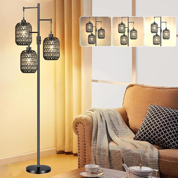 Floor Lamp for Living Room,Bedroom,Boho Rattan Floor Lights,Dimmable Industrial Black Farmhouse Tree 3 Standing Lamp Wicker Rustic Tall Lamp,Woven Bamboo Lamp Shade Floor Lamps Bohemian - LeafyLoom