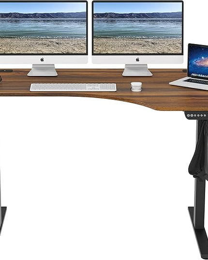SHW 55-Inch L-Shaped Electric Height Adjustable L-Shaped Standing Desk with Right Facing Corner, Walnut - LeafyLoom