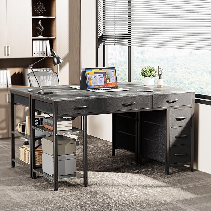 Computer Desk with 6 Drawers, 47 Inch Office Desk with Shelves, Reversible Gaming Desk, Corner Desk with Storage, Work Desk for Home Office, Study, Living Room, Gray - LeafyLoom