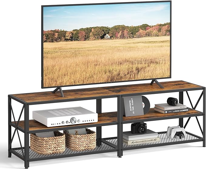 VASAGLE TV Stand, TV Console for TVs Up to 70 Inches, TV Table, 63 Inches Width, TV Cabinet with Storage Shelves, Steel Frame, for Living Room, Bedroom, Rustic Brown and Black ULTV095B01 - LeafyLoom