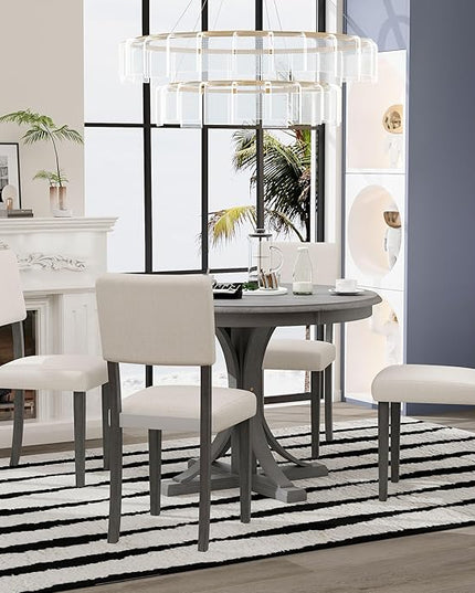RITSU, Farmhouse Wood, 5-Piece Retro Round Set with Curved Trestle Style Table Legs and 4 Upholstered Chairs for Dining Room Restaurant, Dark Gray - LeafyLoom