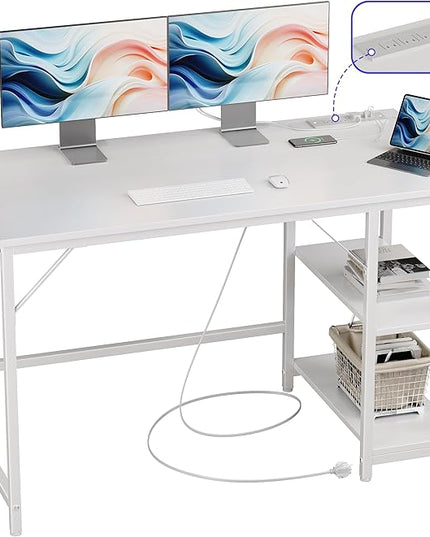 JOISCOPE 48 Inches Computer Office Desk with Table Power Outlets, Home Office White Desk with Storage Shelves and USB & Type-C Outlet for Bedroom, Home Office, Morden Simple Writing Table, White - LeafyLoom