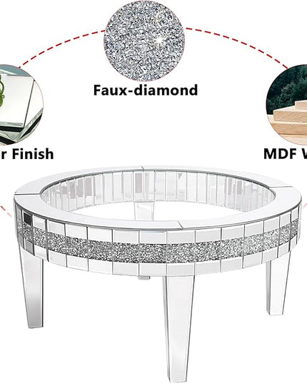 35.5'' Mirrored Round Coffee Table for Living Room, Modern Glass Coffee Table with Crystals Inlay, Silver Accent Table for Home & Office, 1 PC - LeafyLoom