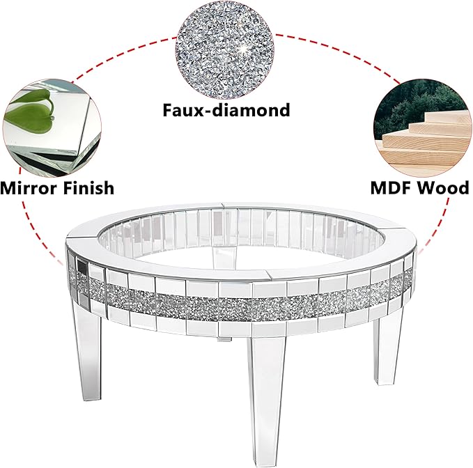 35.5'' Mirrored Round Coffee Table for Living Room, Modern Glass Coffee Table with Crystals Inlay, Silver Accent Table for Home & Office, 1 PC - LeafyLoom