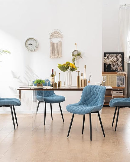 YOUNUOKE Comfortable Dining Chairs Set of 2, Mid-Century Modern Kitchen Dining Room Chairs, Upholstered Backrest Boucle Dining Chair with Black Metal, Sky Blue - LeafyLoom