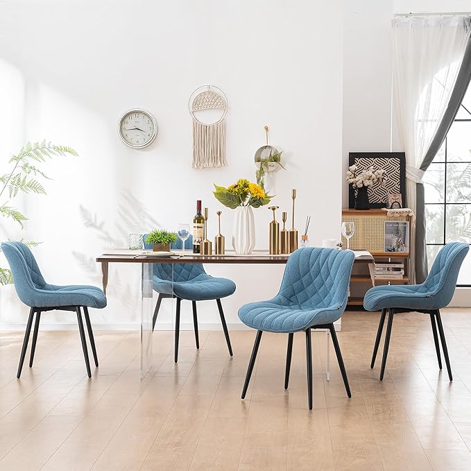 YOUNUOKE Comfortable Dining Chairs Set of 2, Mid-Century Modern Kitchen Dining Room Chairs, Upholstered Backrest Boucle Dining Chair with Black Metal, Sky Blue - LeafyLoom