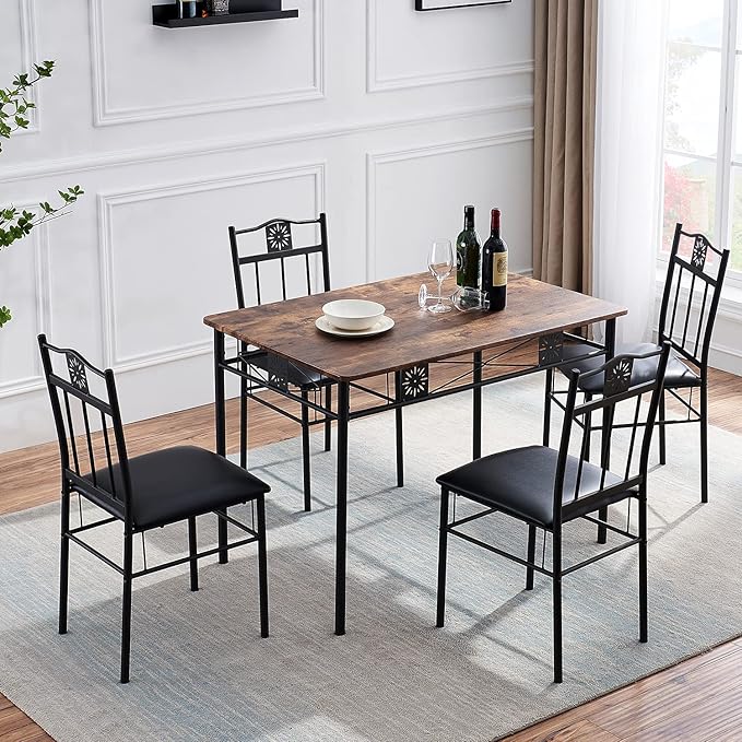 VECELO Kitchen Dining Room Table Sets for 4, 5 Piece Metal and Wood Rectangular Breakfast Nook, Dinette with Chairs, Retro-brown, 42.1" - LeafyLoom