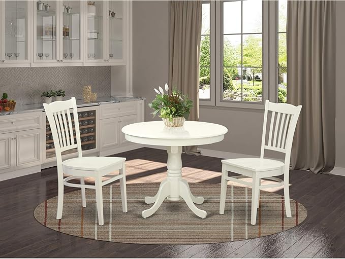 East West Furniture Antique 3 Piece Kitchen Set Contains a Round Dining Room Table with Pedestal and 2 Solid Wood Seat Chairs, Linen White - LeafyLoom