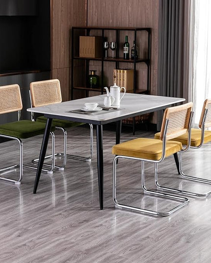 Zesthouse Rattan Dining Chairs 4pcs, Velvet Accent Chairs with Natural Cane Back & Stainless Chrome Base, Modern Mid Century Breuer Designed Chairs, Upholstered Kitchen Dining Room Chairs - LeafyLoom