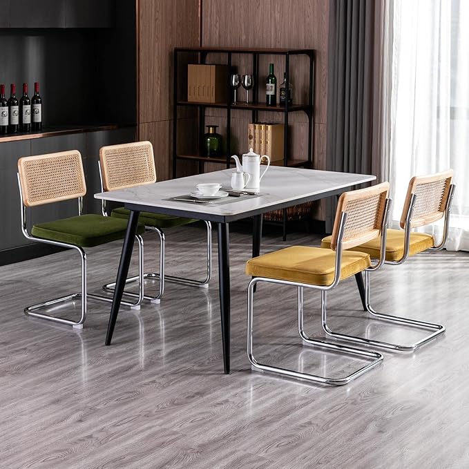 Zesthouse Rattan Dining Chairs 4pcs, Velvet Accent Chairs with Natural Cane Back & Stainless Chrome Base, Modern Mid Century Breuer Designed Chairs, Upholstered Kitchen Dining Room Chairs - LeafyLoom