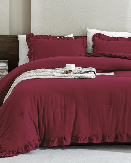 Andency Burgundy Comforter Set King, 3 Pieces Farmhouse Shabby Chic Ruffle Comforter, Lightweight Fluffy Soft Microfiber All Season Solid Bed Comforter Set (1 Ruffle Comforter & 2 Pillowcases) - LeafyLoom