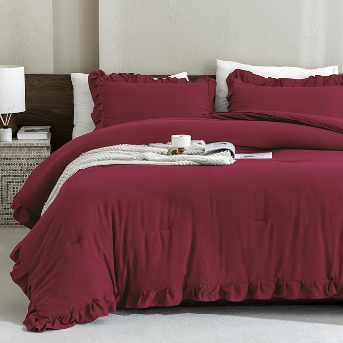 Andency Burgundy California King Comforter Set, 3 Pieces Cal King Ruffle Farmhouse Shabby Chic Comforter, Oversized All Season Lightweight Soft Microfiber Bedding Comforter (104x96Inch) - LeafyLoom
