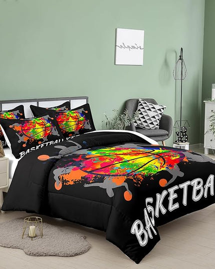 NINENINE Black Basketball Comforter Set for Boys Kids Teens Twin Size Sports Bedding Watercolor Tie-dye Comforter Color Graffiti Hip Hop Style Bed Set with 1 Comforter 1 Pillowcase - LeafyLoom