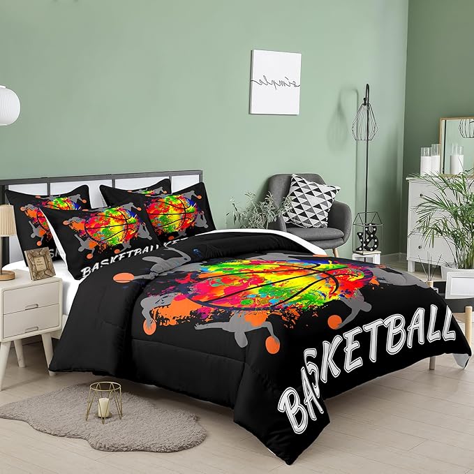 NINENINE Black Basketball Comforter Set for Boys Kids Teens Twin Size Sports Bedding Watercolor Tie-dye Comforter Color Graffiti Hip Hop Style Bed Set with 1 Comforter 1 Pillowcase - LeafyLoom