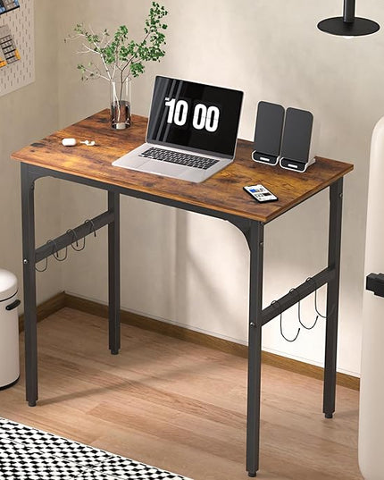 VECELO 32 Inch Small Computer Stable Writing Study Work 4 Hooks Adjustable Feet Wooden Desk for Home,Bedroom,Rusic Brown, 32Inches - LeafyLoom
