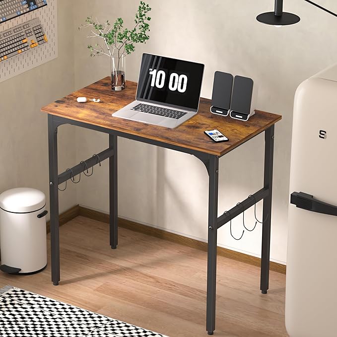 VECELO 32 Inch Small Computer Stable Writing Study Work 4 Hooks Adjustable Feet Wooden Desk for Home,Bedroom,Rusic Brown, 32Inches - LeafyLoom