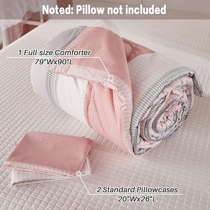 Litanika Pink Full Size Comforter Sets for Girls, 3 Pieces Blush White Colorblock Women Lightweight Bedding Comforter Set - LeafyLoom
