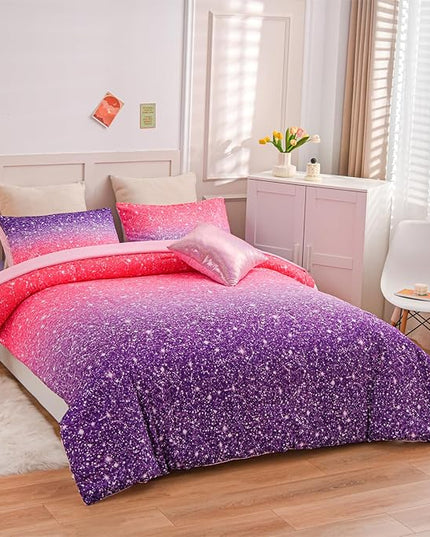 A Nice Night Girls Comforter Set Full 6 Piece Bed in A Bag 3D Colorful Sparkle Galaxy Rainbow Bedding Comforter Sheet Sets for Kids,RedPurple - LeafyLoom