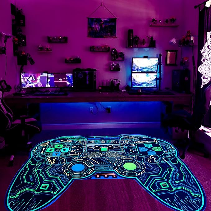Gaming Rug for Boys Room Decor, Gamer Rugs Glow in The Blacklight Video Game Carpet Teens Playroom Non-Slip Area Rug Game Bedroom Floor Casual Mat (60"x39") - LeafyLoom
