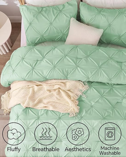 BEDELITE Green Twin Comforter Set for Girls - 2 Peices Boho Pintuck Bedding Comforter Sets, Lightweight Soft & Warm Twin Bedding Sets with 1 Pillowcase for All Season - LeafyLoom
