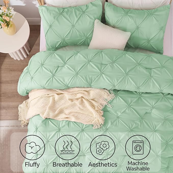 BEDELITE Green Twin Comforter Set for Girls - 2 Peices Boho Pintuck Bedding Comforter Sets, Lightweight Soft & Warm Twin Bedding Sets with 1 Pillowcase for All Season - LeafyLoom