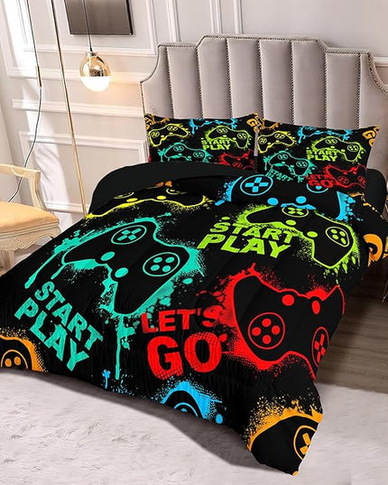 Kids Comforter Bedding Set Twin Size, 3 Piece Super Soft Breathable Print Kids Bedding Sets for Boys, Machine Washable Durable Comforter Set with Comforter and 2 Pillowcases (Twin, GamePad) - LeafyLoom
