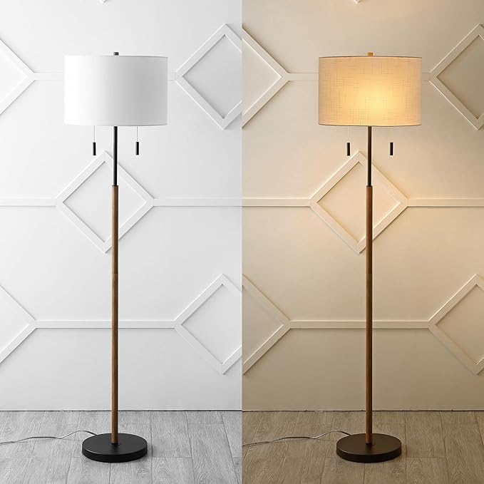 JONATHAN Y JYL1141A Maude 61" Rustic Farmhouse Iron Candlestick Pull Chains LED Floor Lamp Minimalist, Modern, Traditional, Designer, Office, Living Room, Dining Room, Bedroom, Brown Wood Finish/Black - LeafyLoom