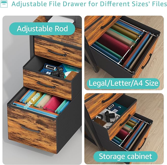 Lufeiya Computer Desk with Fabric File Drawers Cabinet, 47 Inch Home Office Desks with Filing Cabinet for Small Space, Study Writing Table PC Desks, Rustic Brown - LeafyLoom