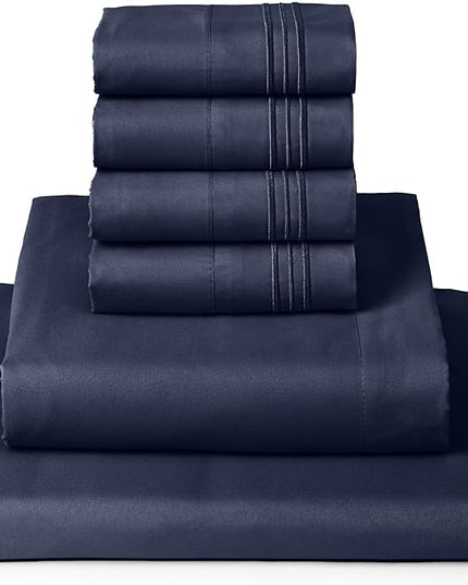 Mellanni King Sheets Set - 6 PC Iconic Collection Bedding Sheets & Pillowcases - Hotel Luxury, Ultra Soft, Cooling Bed Sheets - Deep Pocket up to 16 inch - 6 PC (King, Navy Blue w/Extra Pillow Cases) - LeafyLoom