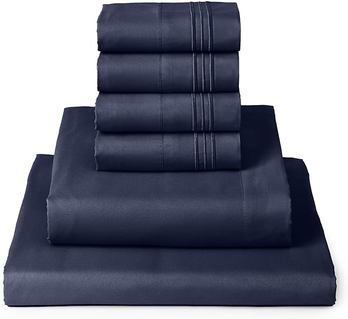 Mellanni California King Sheets Set - 6 PC Iconic Collection Bedding Sheets & Pillowcases - Ultra Soft, Cooling Bed Sheets - Deep Pocket up to 16 inch - 6 PC (Cal King, Navy Blue w/Extra Pillow Cases) - LeafyLoom
