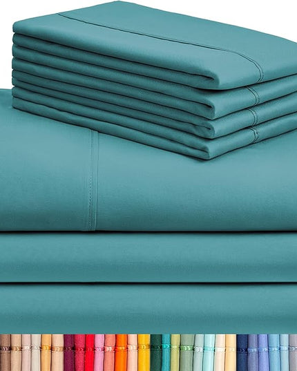 LuxClub 7 PC Split King Sheet Set, Breathable Luxury Bed Sheets, Deep Pockets 18" Eco Friendly Wrinkle Free Cooling Sheets Machine Washable Hotel Bedding Silky Soft - Teal Split King - LeafyLoom