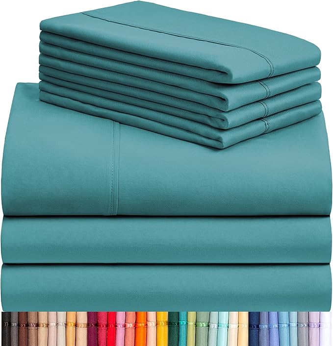 LuxClub 7 PC Split King Sheet Set, Breathable Luxury Bed Sheets, Deep Pockets 18" Eco Friendly Wrinkle Free Cooling Sheets Machine Washable Hotel Bedding Silky Soft - Teal Split King - LeafyLoom