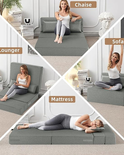 Convertible Folding Sofa Bed - Sleeper Chair with Pillow, Modern Linen Fabric Floor & Futon Couch, Foldable Mattress for Living Room/Dorm/Guest/Home Office/Apartment, Standard Size, Light Gray - LeafyLoom