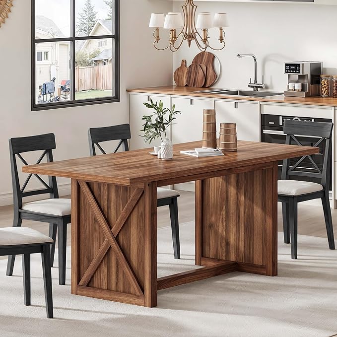 YITAHOME 70.8" Large Farmhouse Dining Table for 6 to 8 People, Rustic Style Wood Dinner Table, Rectangular Dining Table for Kitchen, Dining Room & Living Room, Brown - LeafyLoom
