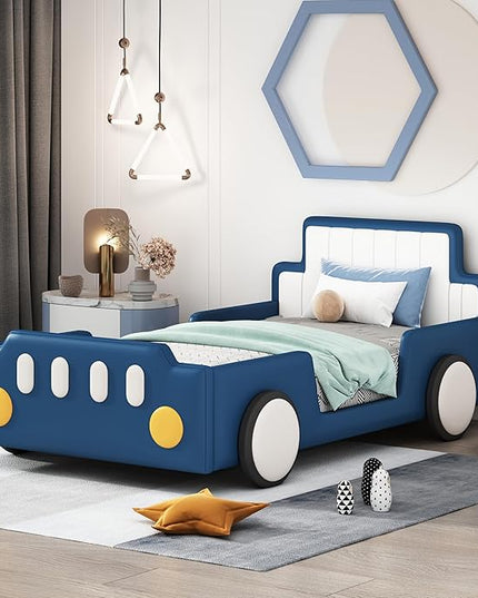 Twin Size Race Car Bed with Wheels,Kids Car-Shaped Beds W/Safety Guardrail,Slats Support,Easy Assembly,Wooden Platform Bedframe for Boys Toddlers Child's Bedroom,Blue PU - LeafyLoom