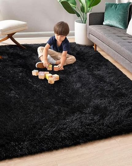 Super Soft Fluffy Shaggy Rugs 3x5 Feet for Living Room Bedroom, Fuzzy Plush Area Rugs for Girls Kids Room Nursery Home Decor, Furry Dorm Rug Cute Non-Slip Indoor Floor Carpet, Black - LeafyLoom