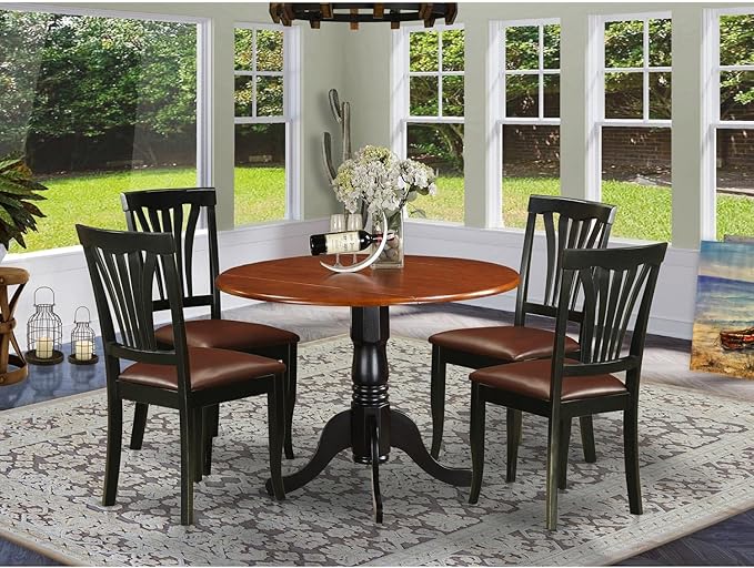 East West Furniture DLAV5-BCH-LC 5 Piece Dinette Set for 4 Includes a Round Dining Room Table with Dropleaf and 4 Faux Leather Kitchen Dining Chairs, 42x42 Inch, Black & Cherry - LeafyLoom