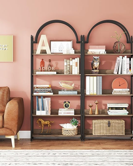 Tribesigns 5-shelf Arched Bookcase, 72 inch Tall Rustic Wood Shelf with Black Metal Frame, Industrial Freestanding Open Bookshelf for Bedroom, Living Room,Small Spaces (2, Oak+Black) - LeafyLoom