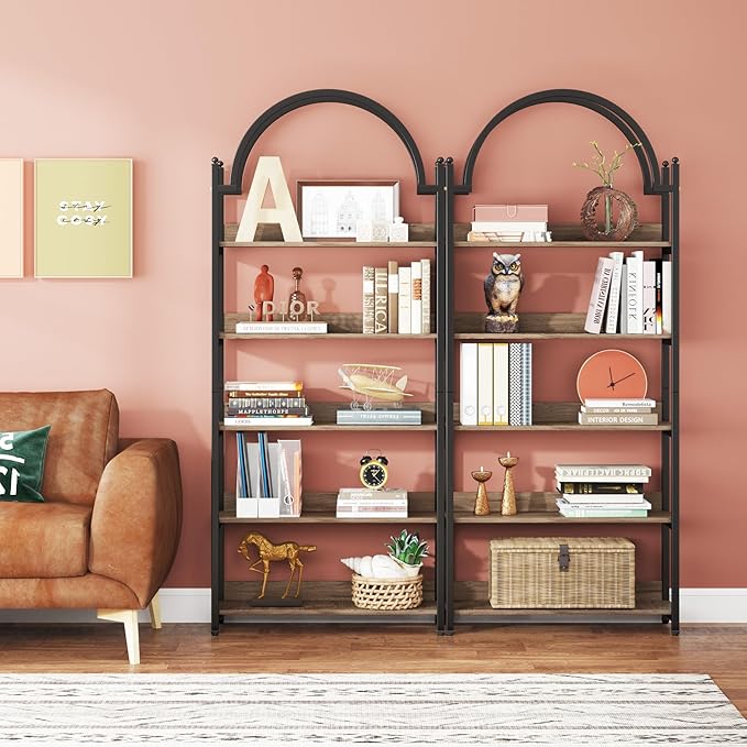 Tribesigns 5-shelf Arched Bookcase, 72 inch Tall Rustic Wood Shelf with Black Metal Frame, Industrial Freestanding Open Bookshelf for Bedroom, Living Room,Small Spaces (2, Oak+Black) - LeafyLoom