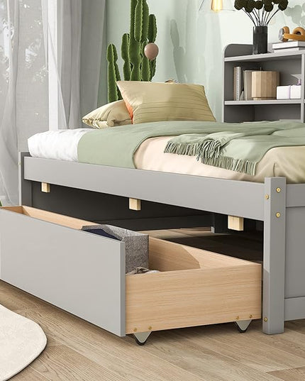 Twin Size Platform 2 Storage Drawers and Side Bookcase, Solid Wood Day Captain, Ideal Bed Frame for Bedroom, Living Room, Gray - LeafyLoom