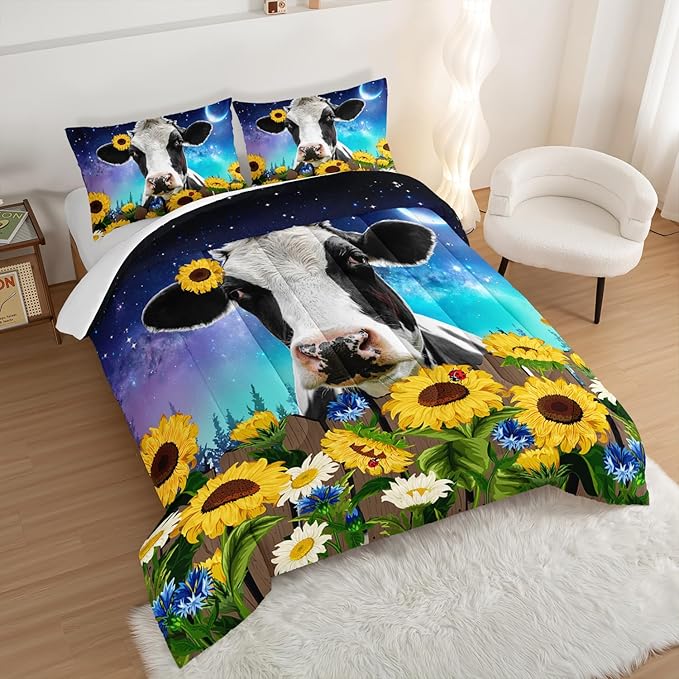 HOSIMA Cow Print Comforter Set with 2 Pillowcases,Farm Animal Theme Bedding Set Sunflower Full Size Comforter for Adults Teens Kids,Farm Starry Sky Toddler Comforter Floral Bedding Set. - LeafyLoom